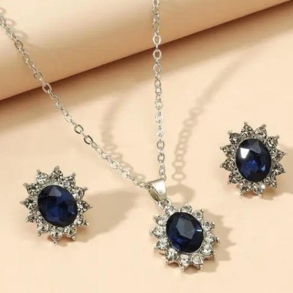 Blue Sapphire & Diamond Silver Tone Necklace and Stud Earrings Set - Picture 4 of 4